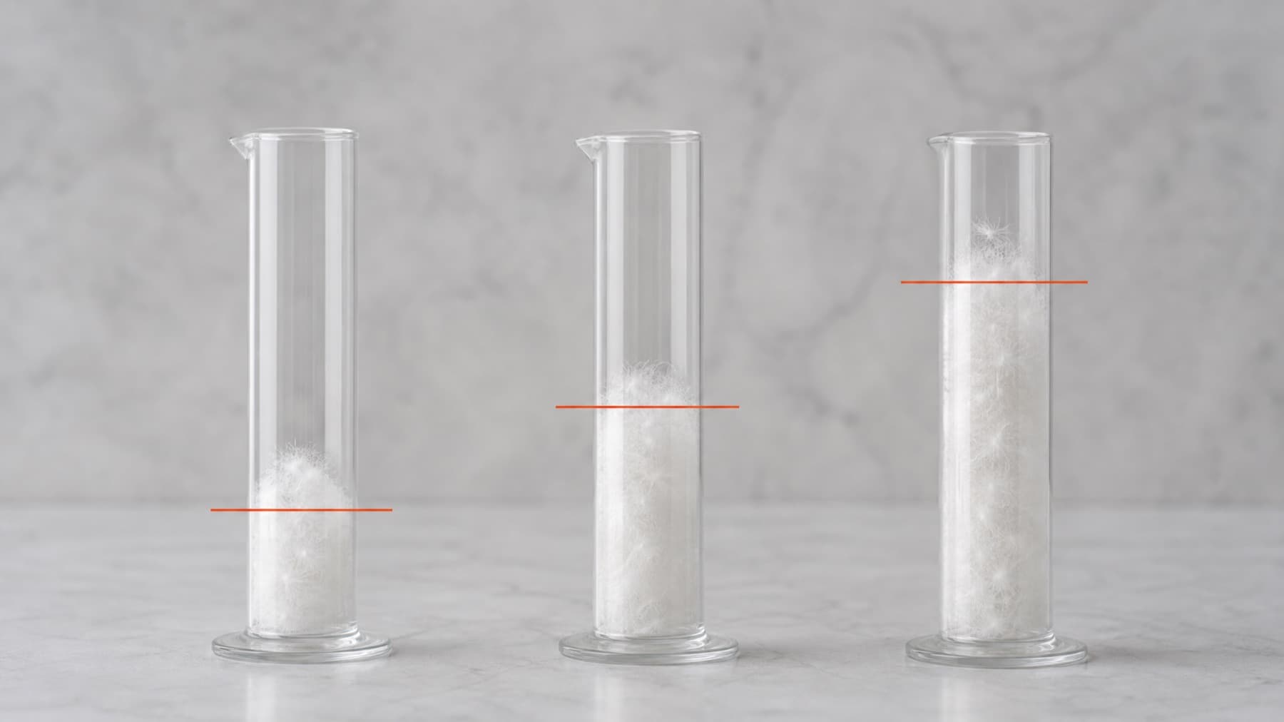 Three identical measuring tubes holding the same mass of down lofted to three different heights
