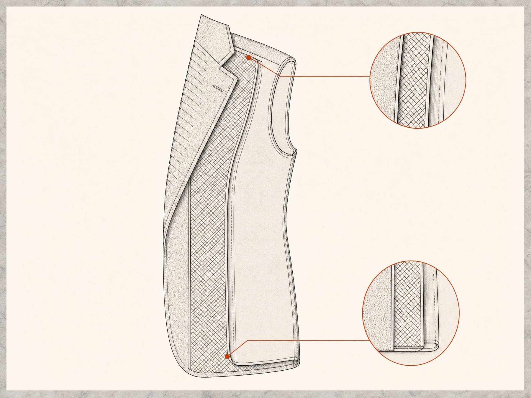 Cutaway of full canvas construction with the floating canvas running shoulder to hem