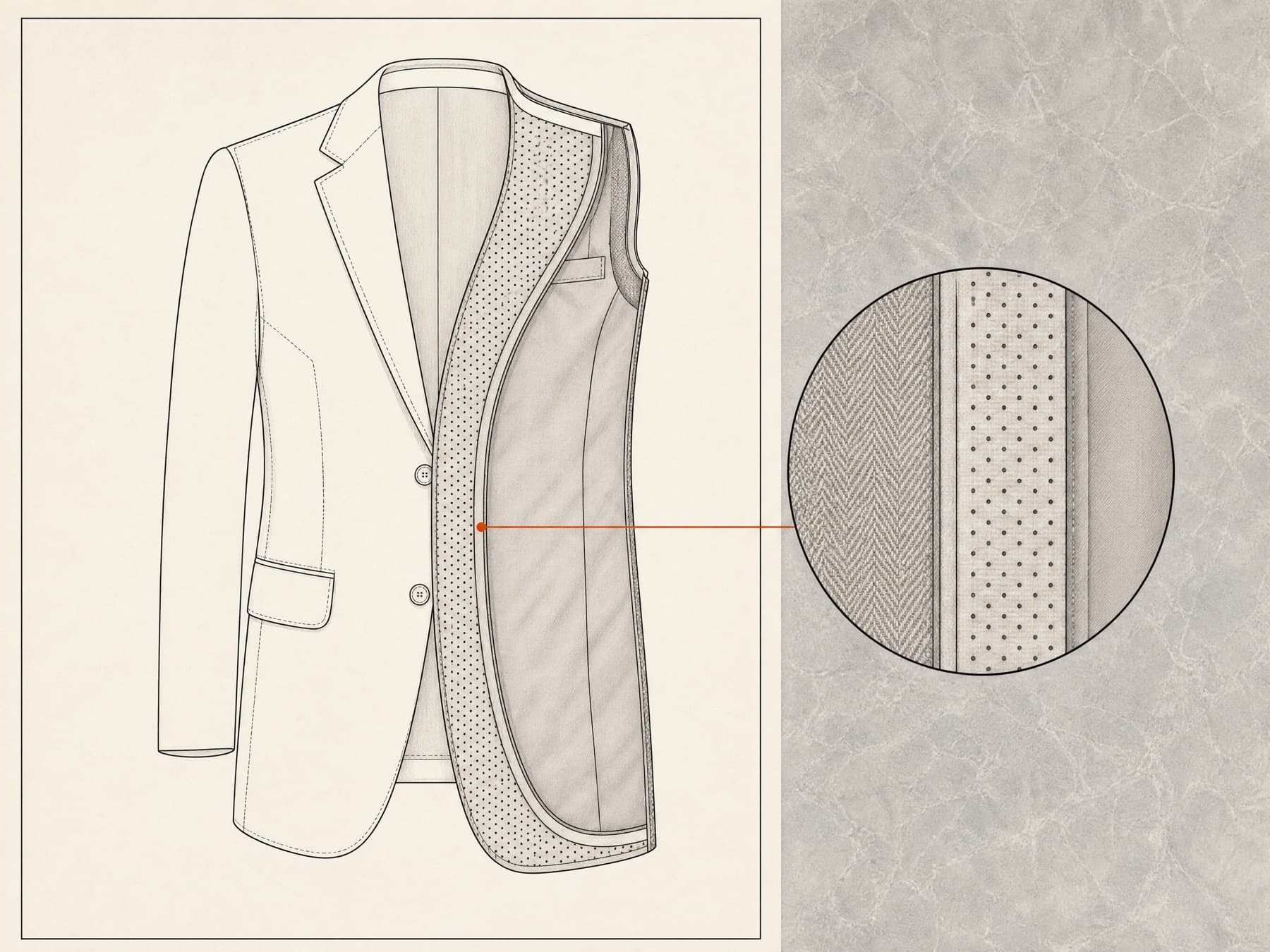 Cutaway of fusible construction with adhesive dots bonding interfacing across the whole panel